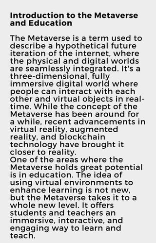 The Metaverse and Education Enhancing Learning with Virtual ...