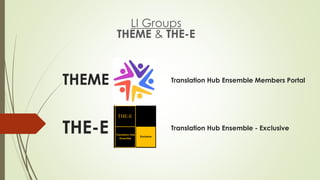 Translation Hub Ensemble Members Portal
LI Groups
THEME & THE-E
THE-E
THEME
Translation Hub Ensemble - Exclusive
 