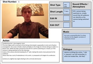 Shot Number: 
Shot Length 
Action 
Shot Type 
Edit IN 
Edit OUT 
Sound Effects / 
Atmosphere 
7 secs 
Music 
Dialogue 
1 
...