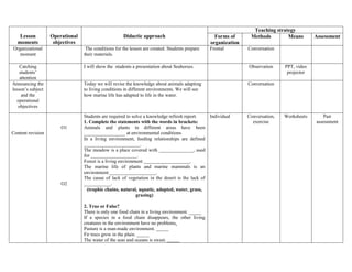 Lesson
moments
Operational
objectives
Didactic approach
Teaching strategy
Forms of
organization
Methods Means Assessment
Organizational
moment
The conditions for the lesson are created. Students prepare
their materials.
Frontal Conversation
Catching
students’
attention
I will show the students a presentation about Seahorses. Observation PPT, video
projector
Announcing the
lesson’s subject
and the
operational
objectives
Today we will revise the knowledge about animals adapting
to living conditions in different environments. We will see
how marine life has adapted to life in the water.
Conversation
Content revision
O1
O2
Students are required to solve a knowledge refresh report.
1. Complete the statements with the words in brackets:
Animals and plants in different areas have been
_________________ at environmental conditions.
In a living environment, feeding relationships are defined
_______________________.
The meadow is a place covered with ______________, used
for ___________________.
Forest is a living environment ___________________.
The marine life of plants and marine mammals is an
environment ___________________.
The cause of lack of vegetation in the desert is the lack of
___________.
(trophic chains, natural, aquatic, adapted, water, grass,
grazing)
2. True or False?
There is only one food chain in a living environment. _____
If a species in a food chain disappears, the other living
creatures in the environment have no problems.
Pasture is a man-made environment. _____
Fir trees grow in the plain. _____
The water of the seas and oceans is sweet. _____
Individual Conversation,
exercise
Worksheets Pair
assessment
 