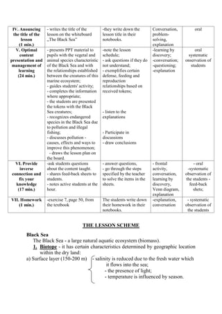 IV. Anouncing
the title of the
lesson
(1 min.)
- writes the title of the
lesson on the whiteboard
„The Black Sea”
-they write down the
lesson title in their
notebooks.
Conversation,
problem-
solving,
explanation
oral
V. Optimal
content
presentation and
management of
learning
(24 min.)
- presents PPT material to
pupils with the vegetal and
animal species characteristic
of the Black Sea and with
the relationships established
between the creatures of this
marine ecosystem;
- guides students' activity;
- completes the information
where appropriate;
- the students are presented
the tokens with the Black
Sea creatures;
- recognizes endangered
species in the Black Sea due
to pollution and illegal
fishing;
- discusses pollution -
causes, effects and ways to
improve this phenomenon;
- draws the lesson plan on
the board.
-note the lesson
schedule;
- ask questions if they do
not understand;
- exemplifies certain
defense, feeding and
reproduction
relationships based on
received tokens;
- listen to the
explanations
- Participate in
discussions
- draw conclusions
-learning by
discovery;
-conversation;
-questioning;
-explanation
oral
systematic
onservation of
students
VI. Provide
inverse
connection and
fix your
knowledge
(17 min.)
-ask students questions
about the content taught.
- shares feed-back sheets to
students.
- notes active students at the
hour.
- answer questions,
- go through the steps
specified by the teacher
to solve the items in the
sheets.
- frontal
activity,
conversation,
learning by
discovery,
Venn diagram,
explanation
- oral
-systematic
observation of
the students -
feed-back
shets;
VII. Homework
(1 min.)
-exercise 7, page 50, from
the textbook
The students write down
their homework in their
notebooks.
-explanation,
conversation
- systematic
observation of
the students
THE LESSON SCHEME
Black Sea
The Black Sea - a large natural aquatic ecosystem (biomass).
1. Biotope - it has certain characteristics determined by geographic location
within the dry land:
a) Surface layer (150-200 m) - salinity is reduced due to the fresh water which
it flows into the sea;
- the presence of light;
- temperature is influenced by season.
 