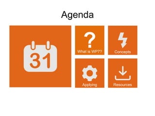 Agenda


  What is WP7?   Concepts




    Applying     Resources
 