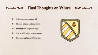 ❖ Values are very powerful
❖ Choose wisely and sow them
❖ Perceptions might change
❖ You would adopt a new theme
❖ But, your values will long last
Final Thoughts on Values
 
