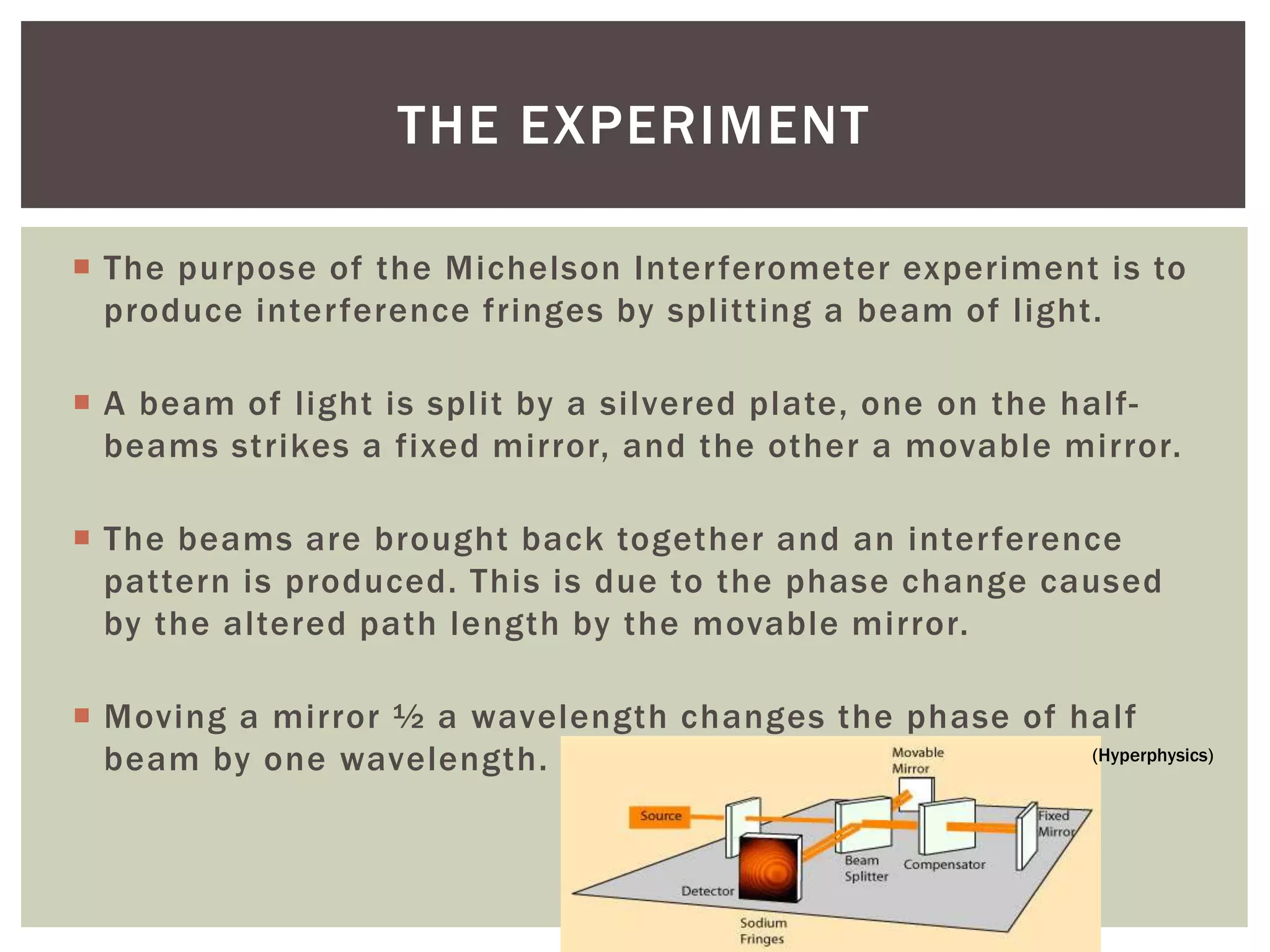  The purpose of the Michelson Interferometer experiment is to
produce interference fringes by splitting a beam of light.
 A beam of light is split by a silvered plate, one on the half-
beams strikes a fixed mirror, and the other a movable mirror.
 The beams are brought back together and an interference
pattern is produced. This is due to the phase change caused
by the altered path length by the movable mirror.
 Moving a mirror ½ a wavelength changes the phase of half
beam by one wavelength.
THE EXPERIMENT
(Hyperphysics)
 