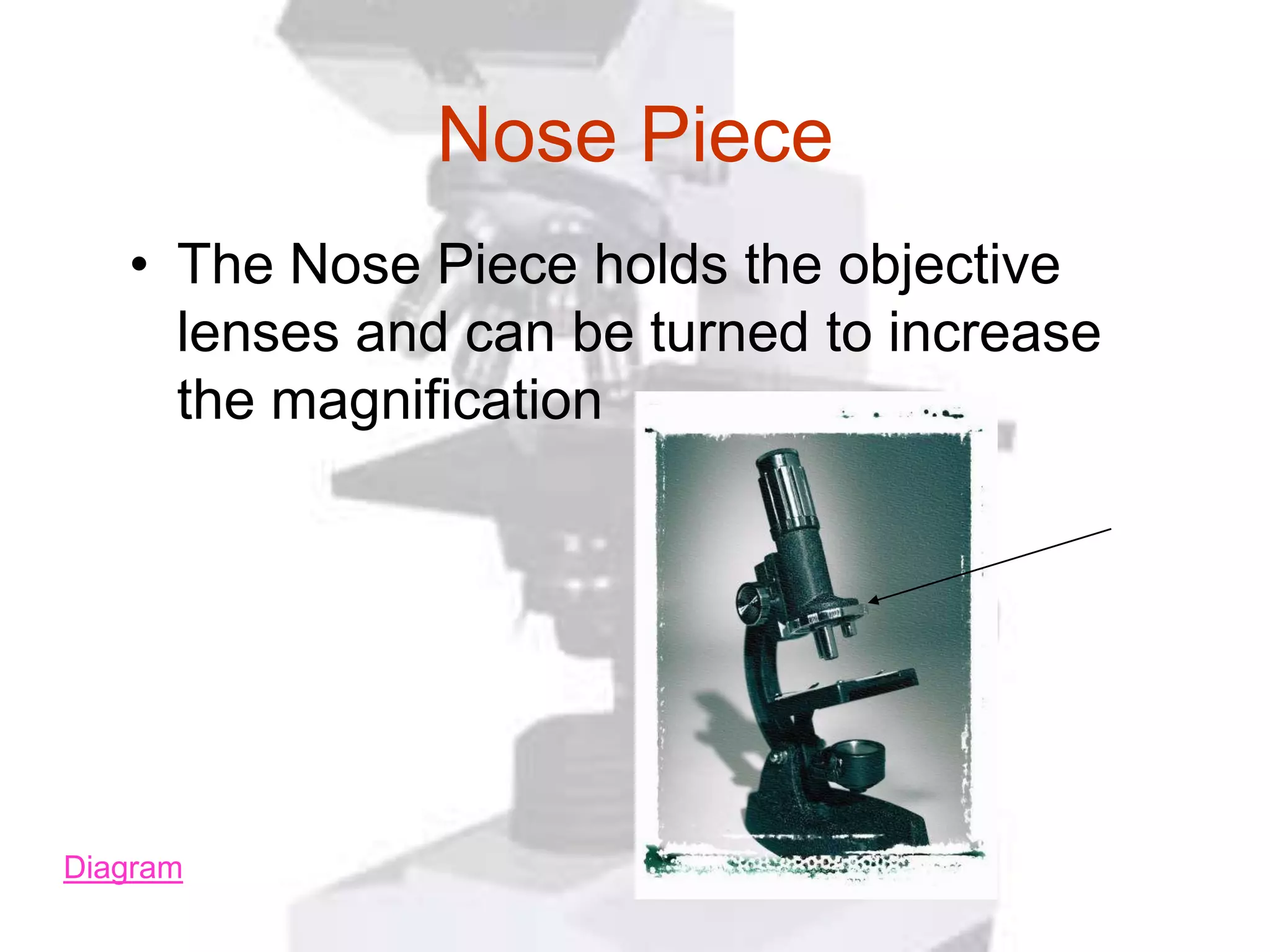 Nose Piece
   • The Nose Piece holds the objective
     lenses and can be turned to increase
     the magnification




Diagram
 