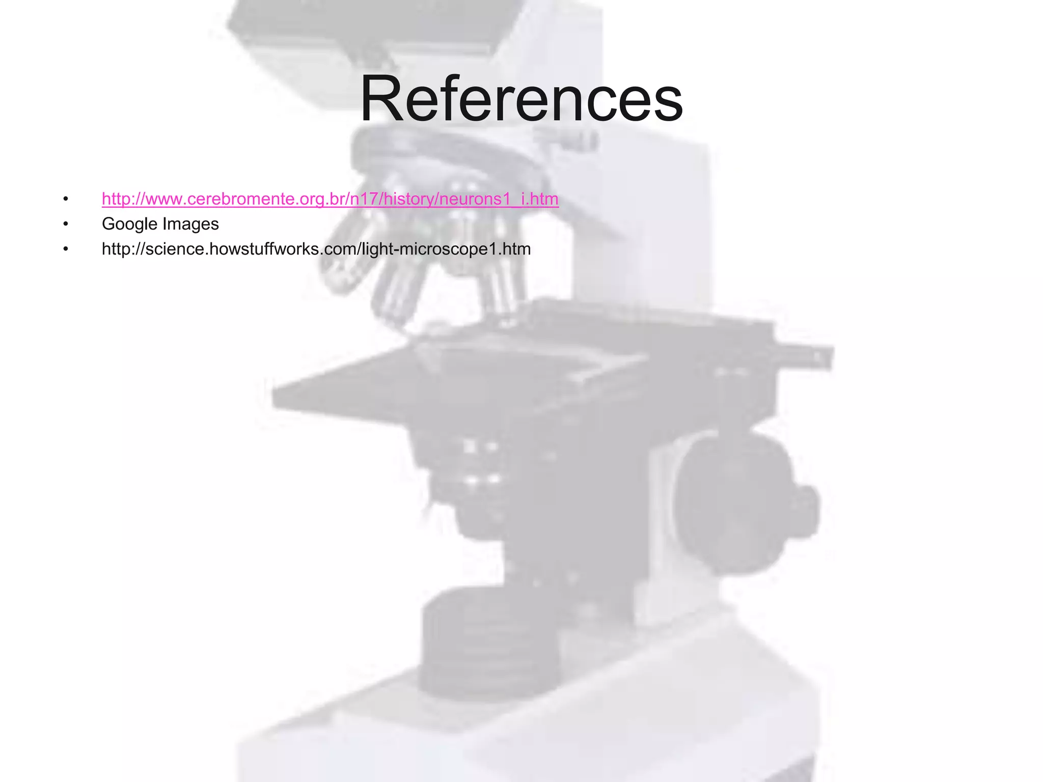 References
•   http://www.cerebromente.org.br/n17/history/neurons1_i.htm
•   Google Images
•   http://science.howstuffworks.com/light-microscope1.htm
 