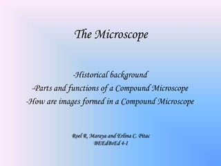 The Microscope

              -Historical background
  -Parts and functions of a Compound Microscope
-How are images formed in a Compound Microscope


            Roel R. Maraya and Erlina C. Pitac
                     BEEdBsEd 4-I
 