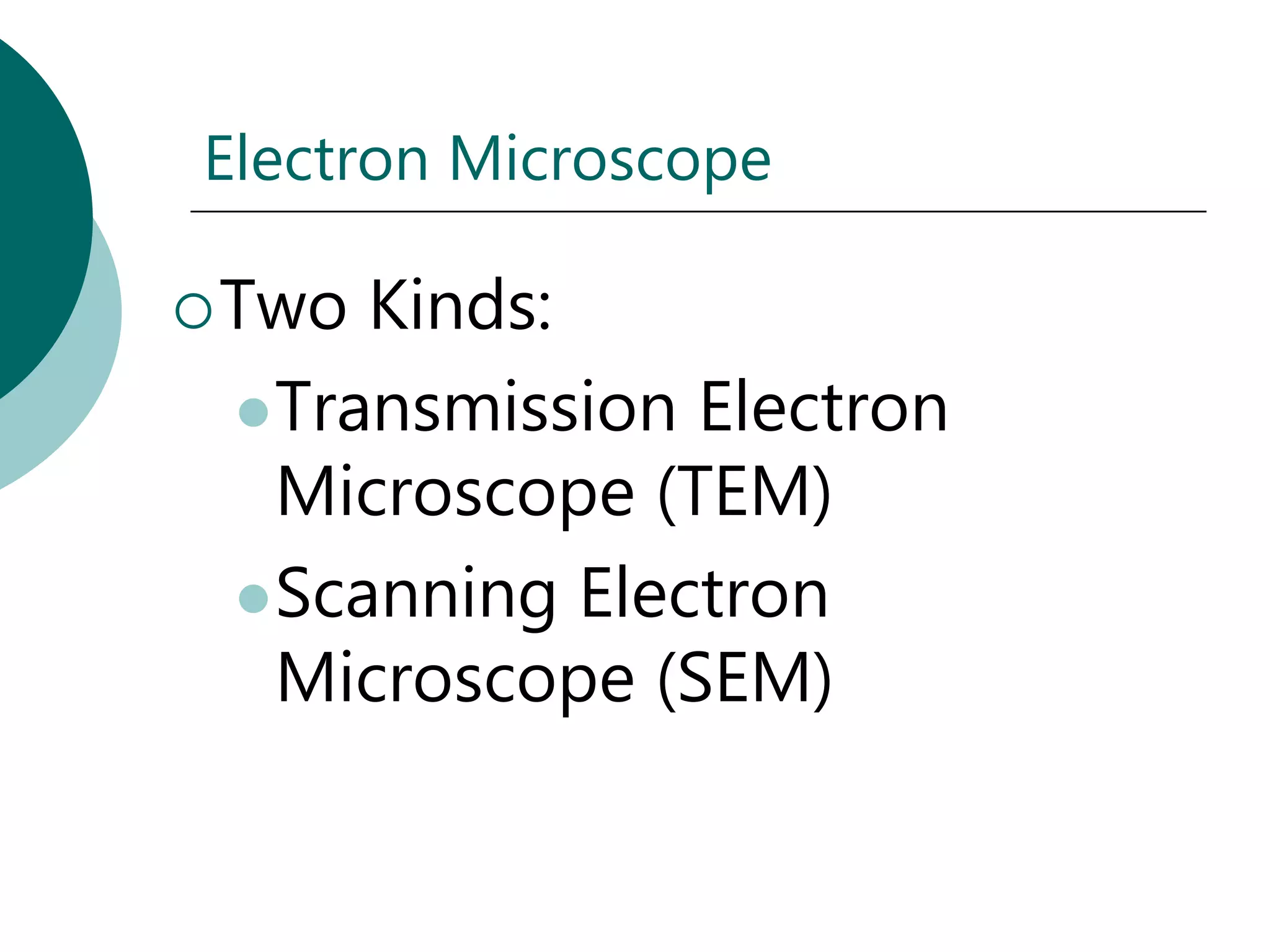 Electron Microscope

 Two Kinds:
  Transmission Electron
   Microscope (TEM)
  Scanning Electron
   Microscope (SEM)
 