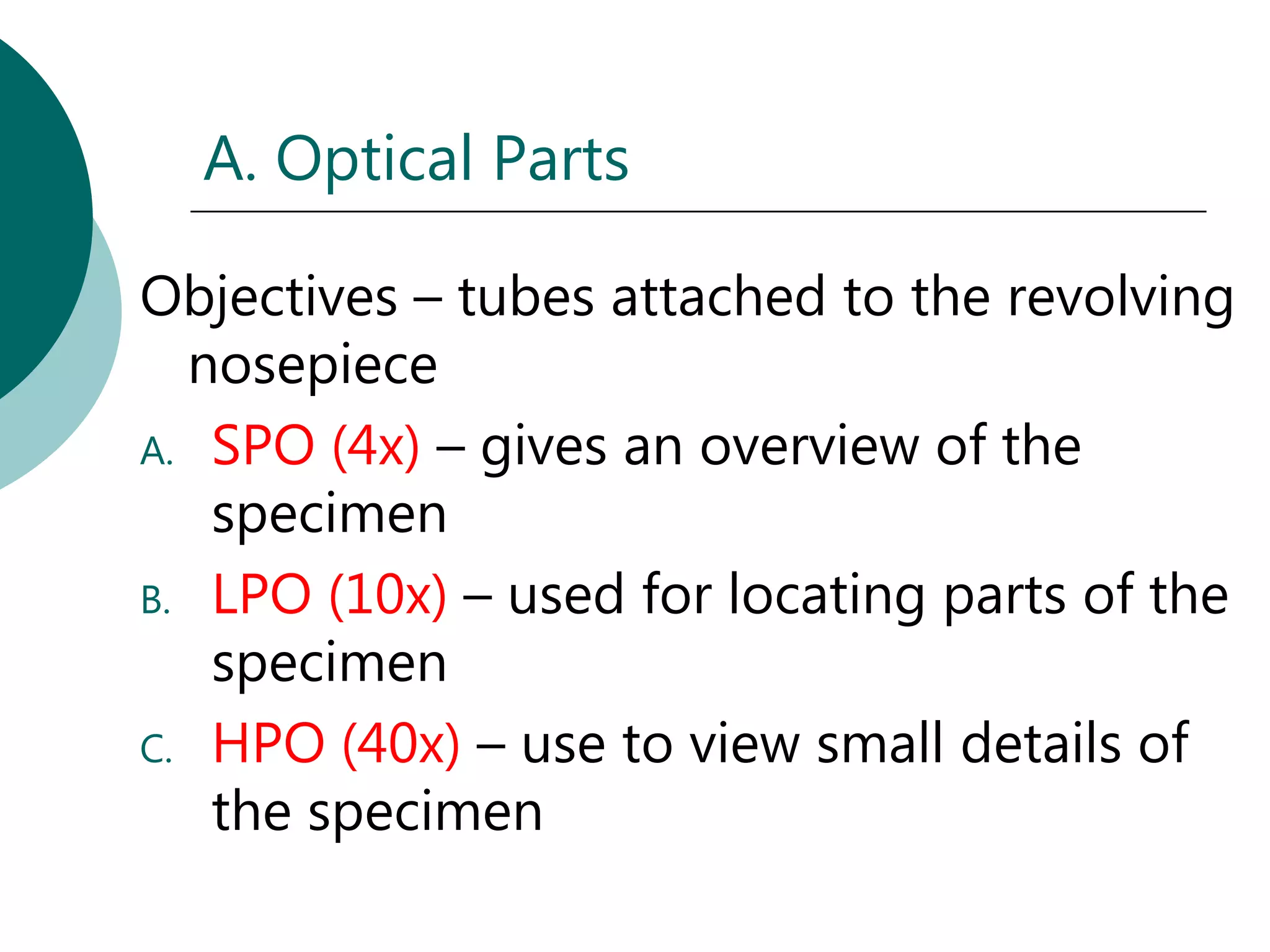 A. Optical Parts

Objectives – tubes attached to the revolving
  nosepiece
A. SPO (4x) – gives an overview of the
   specimen
B. LPO (10x) – used for locating parts of the
   specimen
C. HPO (40x) – use to view small details of
   the specimen
 