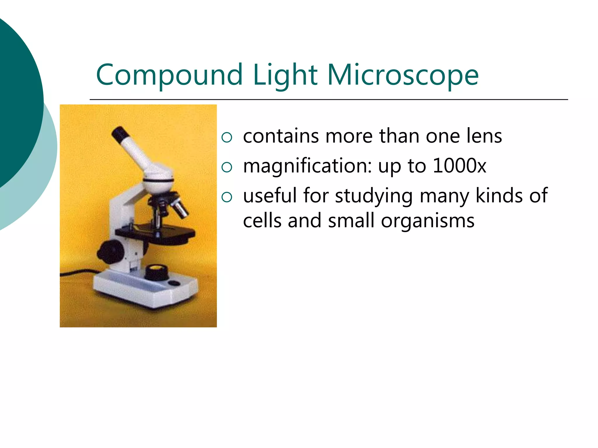 Compound Light Microscope
           contains more than one lens
           magnification: up to 1000x
           useful for studying many kinds of
            cells and small organisms
 