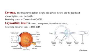 Cornea: The transparent part of the eye that covers the iris and the pupil and
allows light to enter the inside.
Resolving power of Cornea is 40D-42D.
Crystalline lens:Biconvex, transparent, avascular structure.
Resolving power of Lens is 18D-20D.
Continue…
 