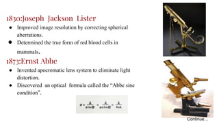 1830:Joseph Jackson Lister
● Improved image resolution by correcting spherical
aberrations.
● Determined the true form of red blood cells in
mammals.
1873:Ernst Abbe
● Invented apocromatic lens system to eliminate light
distortion.
● Discovered an optical formula called the “Abbe sine
condition”.
Continue…
 