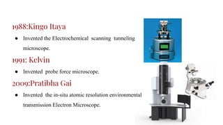 1988:Kingo Itaya
● Invented the Electrochemical scanning tunneling
microscope.
1991: Kelvin
● Invented probe force microscope.
2009:Pratibha Gai
● Invented the in-situ atomic resolution environmental
transmission Electron Microscope.
 