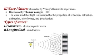 ii.Wave Nature: illustrated by Young’s Double slit experiment.
● Discovered by Thomas Young in 1801.
● The wave model of light is illustrated by the properties of reflection, refraction,
diffraction, interference, and polarization.
Types of waves:
i.Transverse- electromagnetic waves.
ii.Longitudinal- sound waves.
 