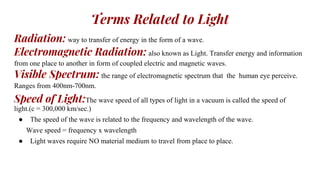 Terms Related to Light
Radiation: way to transfer of energy in the form of a wave.
Electromagnetic Radiation: also known as Light. Transfer energy and information
from one place to another in form of coupled electric and magnetic waves.
Visible Spectrum: the range of electromagnetic spectrum that the human eye perceive.
Ranges from 400nm-700nm.
Speed of Light:The wave speed of all types of light in a vacuum is called the speed of
light.(c = 300,000 km/sec.)
● The speed of the wave is related to the frequency and wavelength of the wave.
Wave speed = frequency x wavelength
● Light waves require NO material medium to travel from place to place.
 