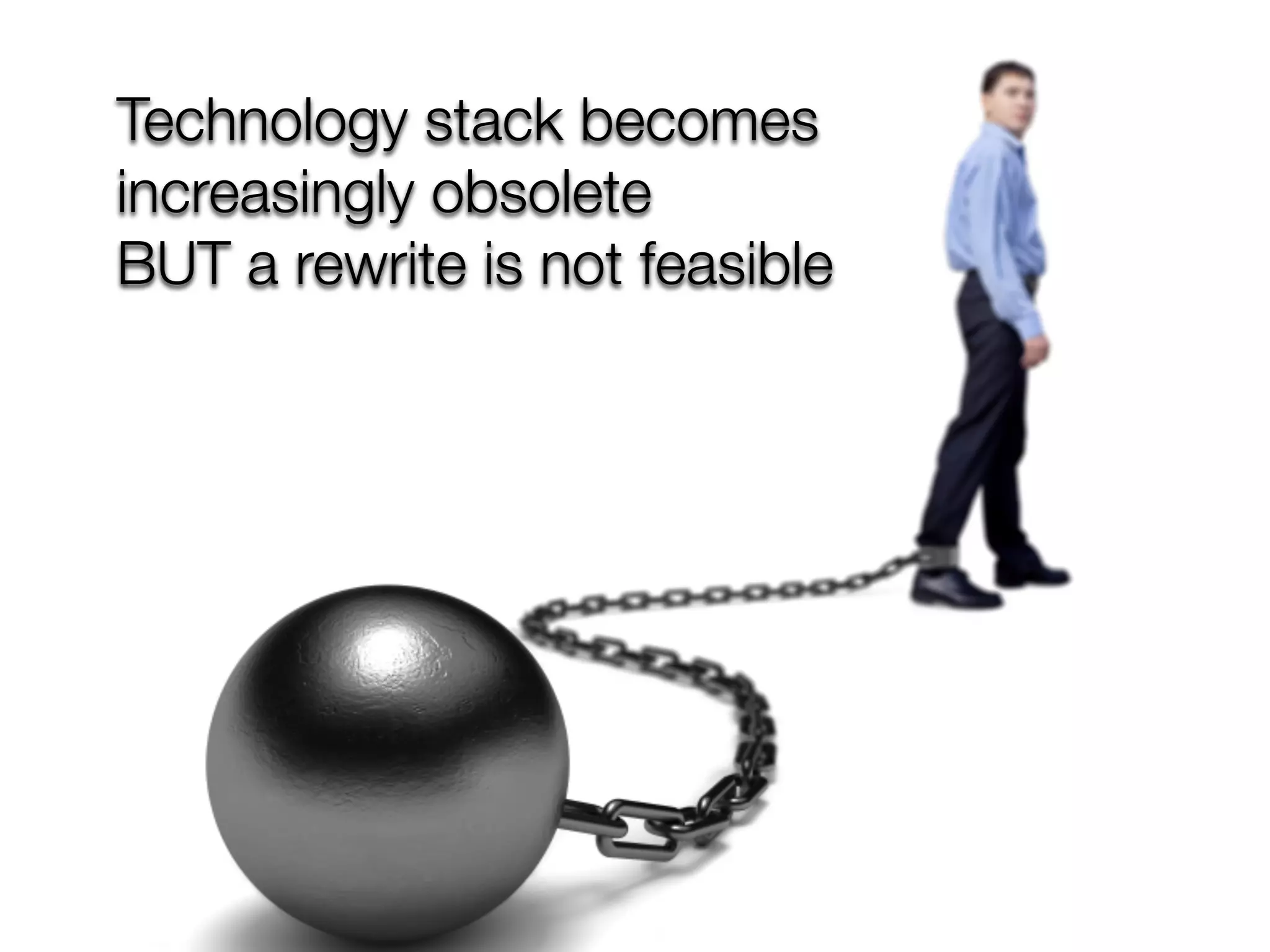 @crichardson
Technology stack becomes
increasingly obsolete
BUT a rewrite is not feasible
 