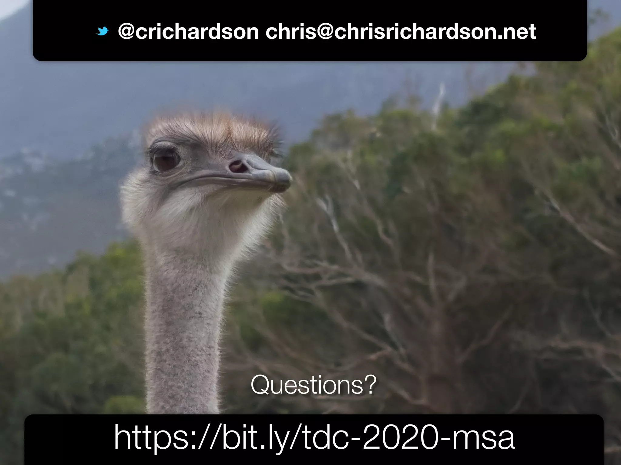 @crichardson
@crichardson chris@chrisrichardson.net
https://bit.ly/tdc-2020-msa
Questions?
 