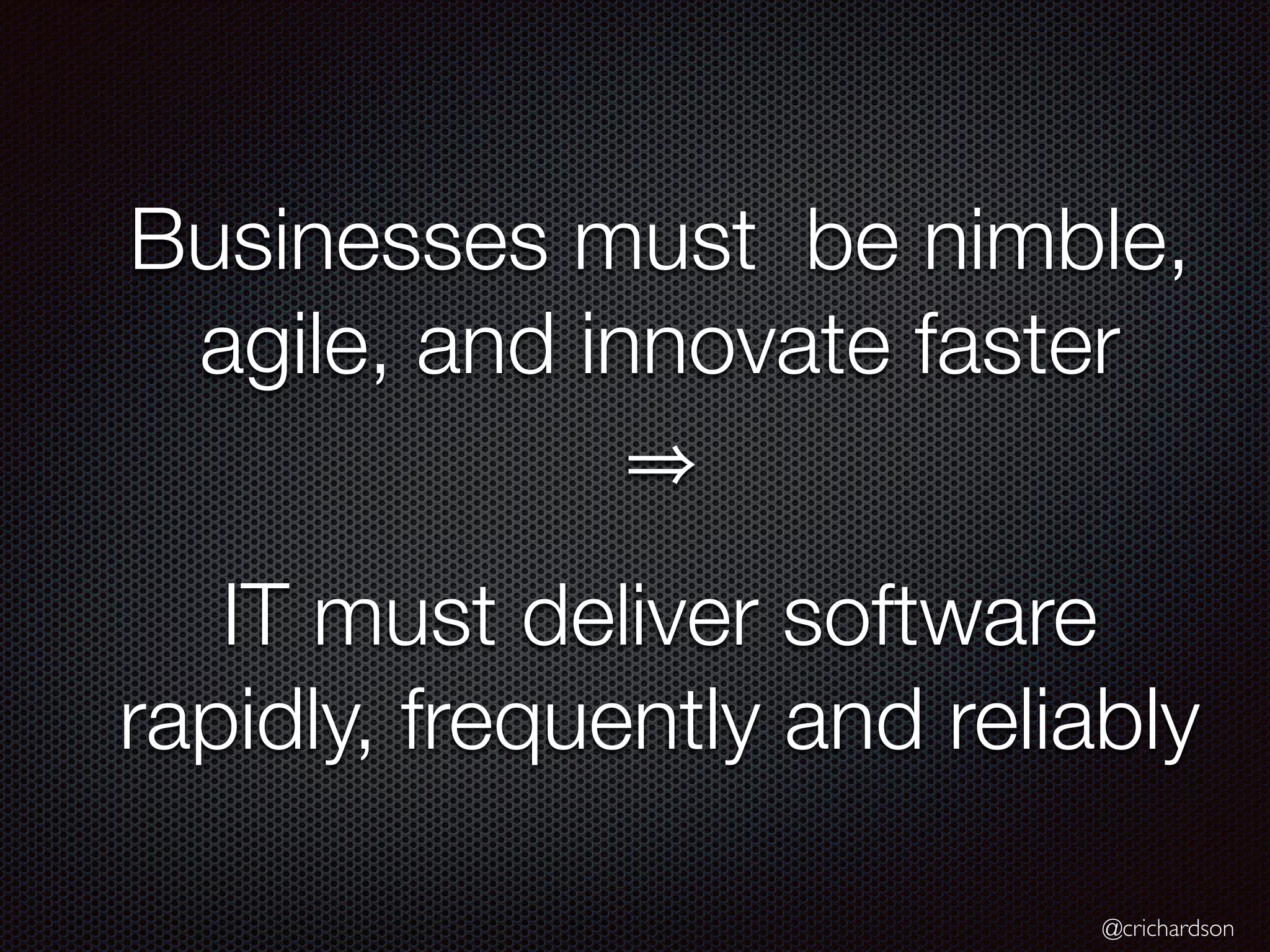 @crichardson
Businesses must be nimble,
agile, and innovate faster
IT must deliver software
rapidly, frequently and reliably
 