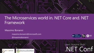 .NET Conf
Learn. Imagine. Build.
.NET Conf
The Microservices world in. NET Core and. NET
Framework
Massimo Bonanni
massimo.bonanni@microsoft.com
@massimobonanni
 
