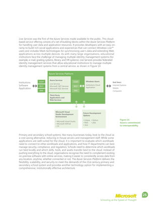 Schooling at the Speed of Thought
25
Live Services was the first of the Azure Services made available to the public. This cloud-
based service offering consists of a set of building blocks within the Azure Services Platform
for handling user data and application resources. It provides developers with an easy on-
ramp to build rich social applications and experiences that can connect Windows Live™
users and includes Mesh technologies for synchronising user’s data and extending Web
applications across multiple devices. As with many large organisations, educational
institutions face the challenge of managing multiple identity management systems (for
example, e-mail, grading systems, library, and HR systems). Live Services provides federated
identity management services that allow educational institutions to manage multiple
identity management systems from a central service, as shown in Figure 14.
Primary and secondary school systems, like many businesses today, look to the cloud as
a cost-saving alternative, reducing in-house servers and management staff. While some
applications are well-suited for the cloud, it is important to evaluate which workloads
need to connect to other workloads and applications, and how IT departments can best
manage security, compliance, and regulation. Schools need to determine which workloads
run best locally and which skills, tools, and assets transfer best to the cloud. Instead of
pushing everything to the cloud, organisations recognise the need to complement existing
on-premise software with online services, making it easier to consistently access data from
any location, anytime, whether connected or not. The Azure Services Platform delivers the
flexibility, scalability, and security to meet the demands of the 21st century primary and
secondary school system and provides another technology option for implementing a
comprehensive, institutionally effective architecture.
Figure 14.
Azure’s commitment
to interoperability
Institutions
Software
Application
End Users
Internet Explorer
Mobile
Computers
SOAP
REST
XML
Azure Services Platform
SOAP
REST
XML
Azure Services
Live Services
Microsoft .NET Services
Microsoft SQL Services
Windows Azure
Institutions Cloud
Application
Microsoft Visual
Studio Development
Environment
• Microsoft Visual Studio
• Microsoft ASP.net
• C#
Future Development
Options
• Eclipse 	 • Python
• Rails 	 • php
• Java
Third-Party
Applications and
Web Services
 