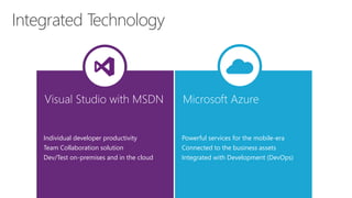 Integrated Technology 
Microsoft Azure 
Individual developer productivity 
Team Collaboration solution 
Dev/Test on-premises and in the cloud 
Powerful services for the mobile-era 
Connected to the business assets 
Integrated with Development (DevOps) 
 
