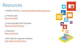 Resources 
// Online Course www.MicrosoftVirtualAcademy.com 
// Virtual Labs 
Aka.ms/virtlabs 
// Visual Studio 2015 Preview 
Aka.ms/VS2015Preview 
// Xamarin 
Aka.ms/Xamarin 
//VS Tools for Apache Cordova 
http://Aka.ms/VSCordova 
 