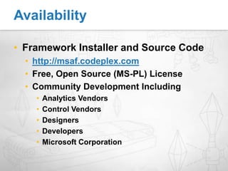 http://msalf.codeplex.comOpen Source – MS PLCommunity DevelopmentBeta StatusLearn from CodeAvailability