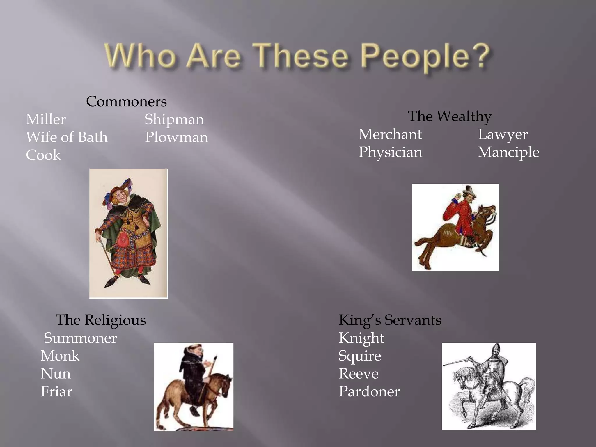 Commoners
Miller         Shipman            The Wealthy
Wife of Bath   Plowman     Merchant        Lawyer
Cook                       Physician       Manciple




   The Religious         King’s Servants
 Summoner                Knight
 Monk                    Squire
 Nun                     Reeve
 Friar                   Pardoner
 