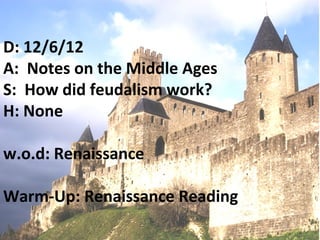 D: 12/6/12
A: Notes on the Middle Ages
S: How did feudalism work?
H: None

w.o.d: Renaissance

Warm-Up: Renaissance Reading
 
