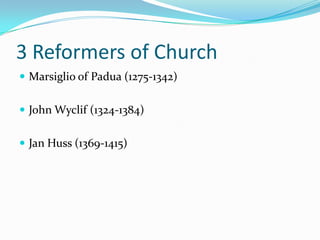The Conciliar MovementReform Movement in the Catholic Church following the Second Great Schism (Papal Schism)Emerged as response to Avignon PapacyResulted in having two or three different Popes (antipopes)Gave Pope supreme powerConciliarists—Definition?Pg. 356…