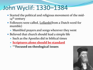 Marsiglio de Padua:1275–1342Italian ScholarThought that Papacy’s power was dangerous to individual country’s governmentChurch should be under state**focused on political & administrative issuesWas excommunicated by Papacy