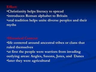 Effect:
•Christianity helps literacy to spread
•introduces Roman alphabet to Britain
•oral tradition helps unite diverse peoples and their
myths


•Historical Context:
•life centered around ancestral tribes or clans that
ruled themselves
•at first the people were warriors from invading
outlying areas: Angles, Saxons, Jutes, and Danes
•later they were agricultural
 