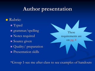 Author presentation
   Rubric:
     Typed
     grammar/spelling
                                           These
     Notes required                  requirements are
     Source given
                                          on pg. 4

     Quality/ preparation

     Presentation skills



    *Group 1-see me after class to see examples of handouts
 