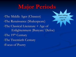 Major Periods
                                     Start taking
•The Middle Ages (Chaucer)            notes on
                                        pg.19
•The Renaissance (Shakespeare)

•The Classical Literature + Age of
     Enlightenment (Bunyan/ Defoe)
•The 19th Century

•The Twentieth Century

•Focus of Poetry
 