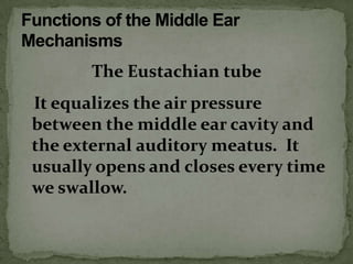 The Eustachian tube
It equalizes the air pressure
between the middle ear cavity and
the external auditory meatus. It
usually opens and closes every time
we swallow.
 