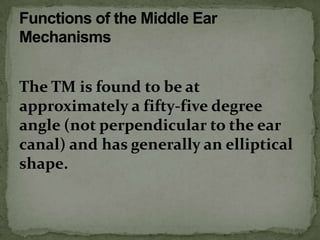 The TM is found to be at
approximately a fifty-five degree
angle (not perpendicular to the ear
canal) and has generally an elliptical
shape.
 