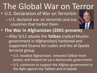 Other ConflictsIslamic Revolution in Iran (1979)The Shah (leader) tried to modernize Iran Created a secular (non-religious) government 			like those found in Western countries 		(Europe and the United States)Angered many MuslimsRadical Muslims led by Ayatollah Khomeini took control of Iran’s governmentSet up government based on strict laws of IslamLimited people’s freedomWomen’s rights were severely restrictedKidnapped 52 Americans from U.S. embassyHeld for over 1 yearU.S. refused to recognize Iranian government