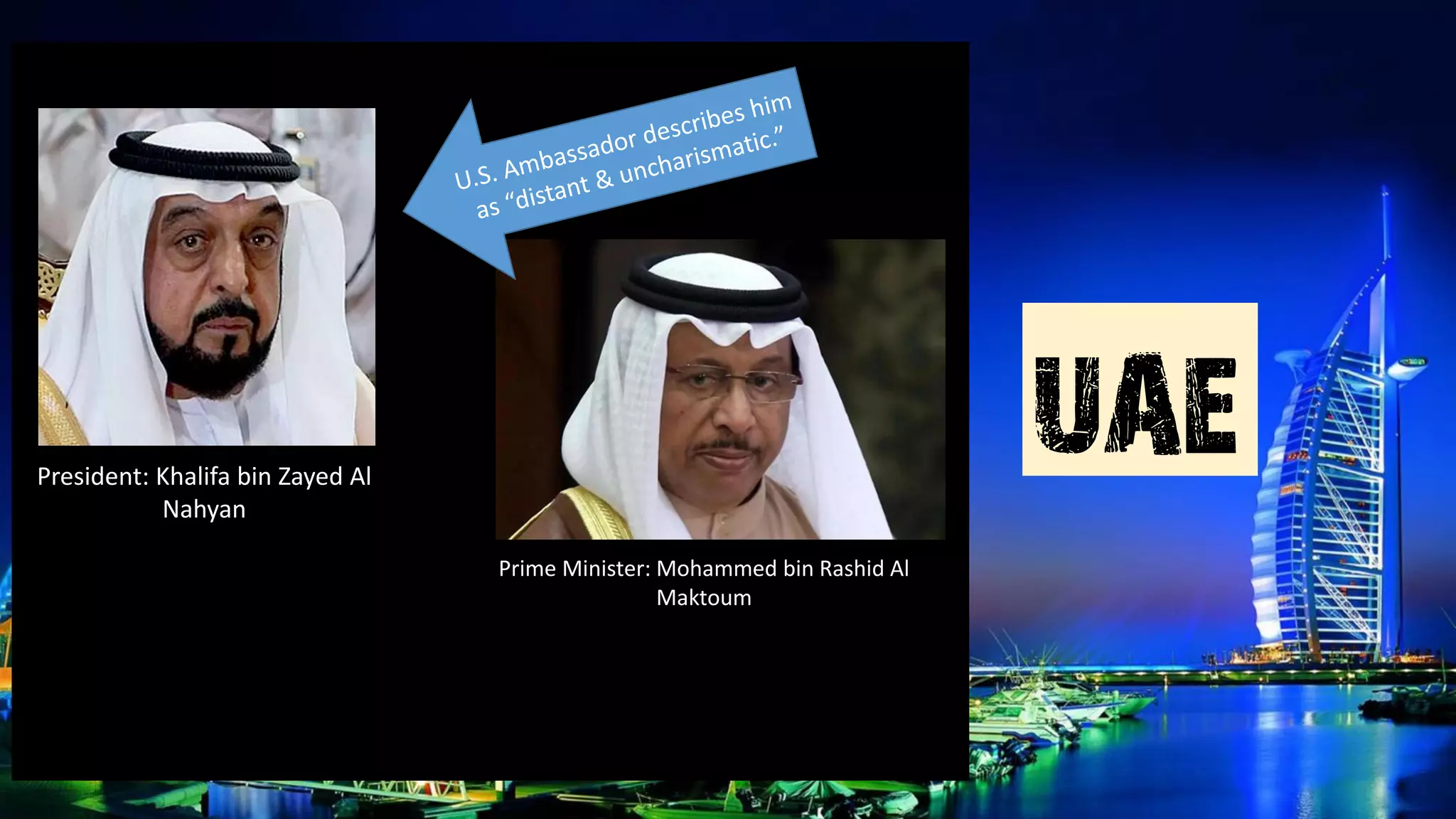 UAEPresident: Khalifa bin Zayed Al
Nahyan
Prime Minister: Mohammed bin Rashid Al
Maktoum
 