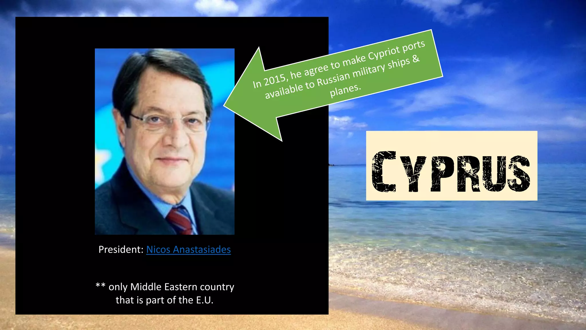 Cyprus
President: Nicos Anastasiades
** only Middle Eastern country
that is part of the E.U.
 