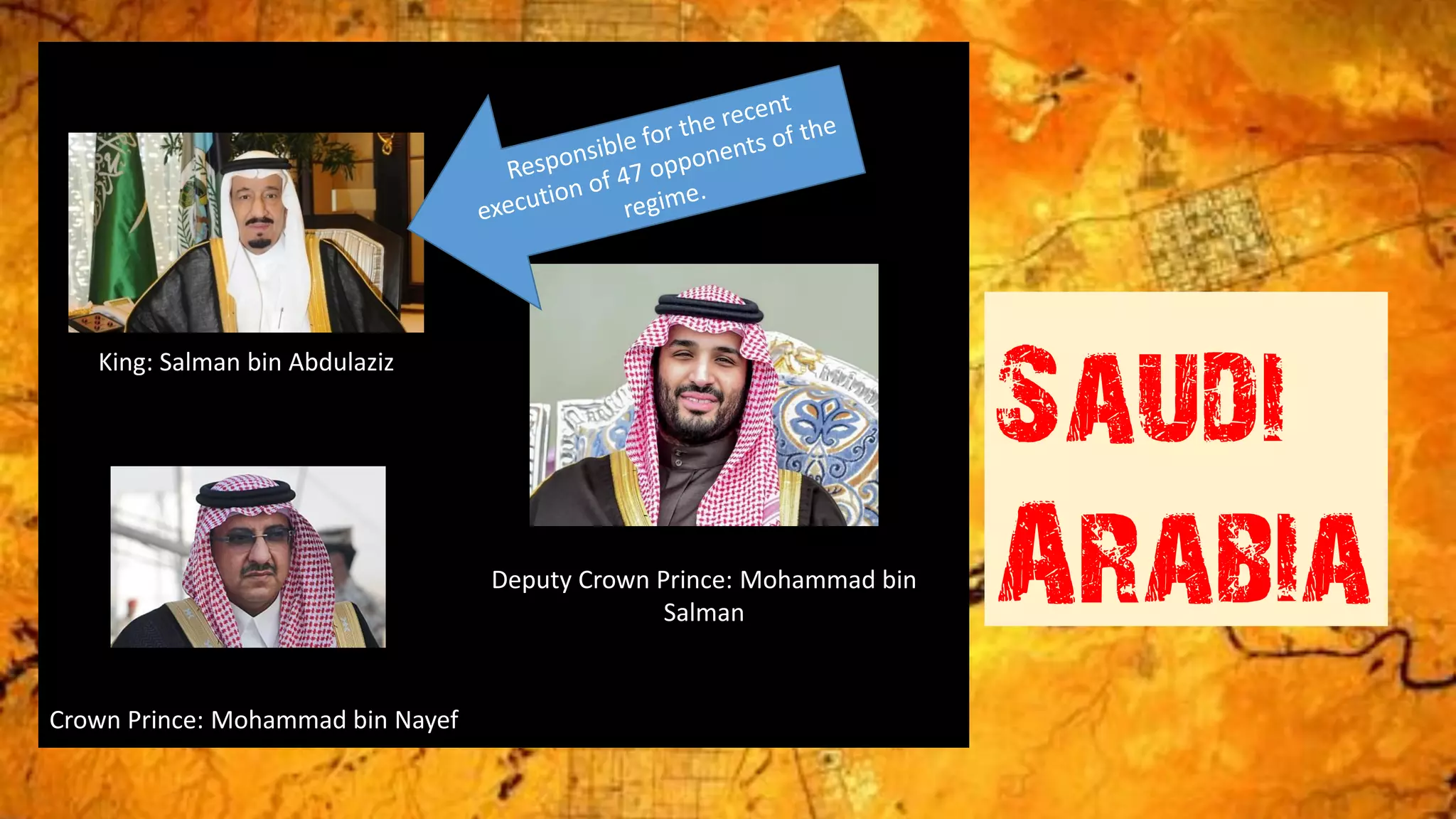 Crown Prince: Mohammad bin Nayef
Saudi
Arabia
King: Salman bin Abdulaziz
Deputy Crown Prince: Mohammad bin
Salman
 
