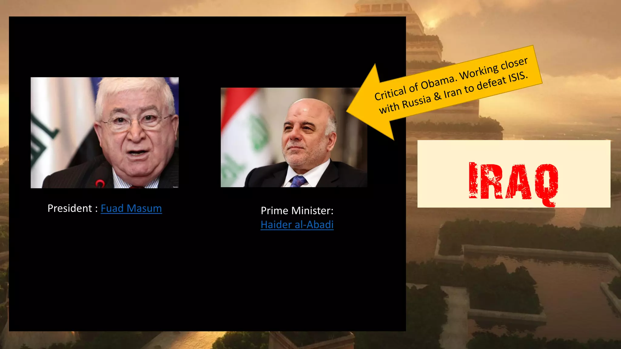 IraqPresident : Fuad Masum Prime Minister:
Haider al-Abadi
 