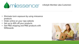 • Eliminate toxin exposure by using miessence
products
• Order online on your reps website
• Get up to 40% off your products
• Get FREE shipping and FREE products with
MiRewards
Lifestyle Member (aka Customer)
 