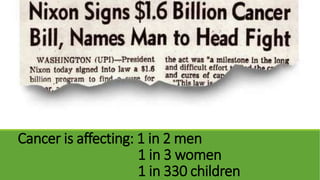 Cancer is affecting: 1 in 2 men
1 in 3 women
1 in 330 children
 