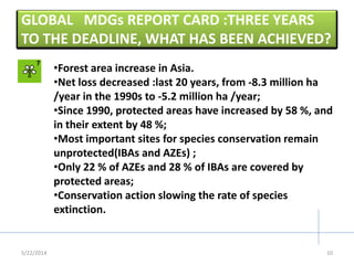GLOBAL MDGs REPORT CARD :THREE YEARS
TO THE DEADLINE, WHAT HAS BEEN ACHIEVED?
5/22/2014
•Forest area increase in Asia.
•Net loss decreased :last 20 years, from -8.3 million ha
/year in the 1990s to -5.2 million ha /year;
•Since 1990, protected areas have increased by 58 %, and
in their extent by 48 %;
•Most important sites for species conservation remain
unprotected(IBAs and AZEs) ;
•Only 22 % of AZEs and 28 % of IBAs are covered by
protected areas;
•Conservation action slowing the rate of species
extinction.
10
 
