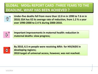 GLOBAL MDGs REPORT CARD :THREE YEARS TO THE
DEADLINE, WHAT HAS BEEN ACHIEVED ?
5/22/2014
Under-five deaths fell from more than 12.0 m in 1990 to 7.6 m in
2010; SSA has X2 its average rate of reduction, from 1.2 % a year
over 1990
Under-five deaths fell from more than 12.0 m in 1990 to 7.6 m in
2010; SSA has X2 its average rate of reduction, from 1.2 % a year
over 1990-2000 to 2.4 % during 2000-2010.
Important improvements in maternal health: reduction in
maternal deaths: slow progress;
Important improvements in maternal health: reduction in
maternal deaths: slow progress;
By 2010, 6.5 m people were receiving ARVs for HIV/AIDS in
developing regions;
2010 target of universal access, however, was not reached.
By 2010, 6.5 m people were receiving ARVs for HIV/AIDS in
developing regions;
2010 target of universal access, however, was not reached.
9
 
