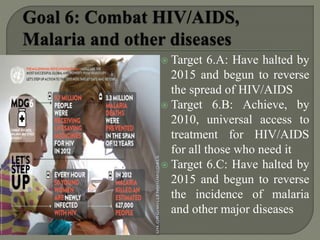 Target 6.A: Have halted by
2015 and begun to reverse
the spread of HIV/AIDS
 Target 6.B: Achieve, by
2010, universal access to
treatment for HIV/AIDS
for all those who need it
 Target 6.C: Have halted by
2015 and begun to reverse
the incidence of malaria
and other major diseases
 