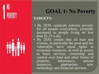 TARGETS:
• By 2030, eradicate extreme poverty
for all people everywhere, currently
measured as people living on less
than $1.25 a day
• By 2030, ensure that all men and
women, in particular the poor and the
vulnerable, have equal rights to
economic resources, as well as access
to basic services, ownership and
control over land and other forms of
property, inheritance, natural
resources, appropriate new
technology and financial services
 