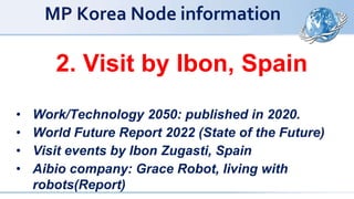 MP Korea Node information
2. Visit by Ibon, Spain
• Work/Technology 2050: published in 2020.
• World Future Report 2022 (State of the Future)
• Visit events by Ibon Zugasti, Spain
• Aibio company: Grace Robot, living with
robots(Report)
 