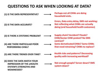 QUESTIONS TO ASK WHEN LOOKING AT DATA?
                                   Perhaps not all CHWs are doing
(1) IS THE DATA R...