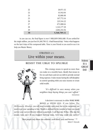 TODAY
IS A
GREAT
DAY
MILLIONAIRE
MINDSET
22 20,971.52
23 41,943.04
24 83,886.08
25 167,772.16
26 335,544.32
27 671,088.64
28 1,342,177.28
29 2,684,354.56
30 5,368,709.12
As you can see, the final figure is over 5 MILLION DOLLARS. If you settled for
the single million, you just lost $4,368,709.12. A bad financial day! Notice what happens
on the last 6 days of the compound table. Time is your friend so you need to use it to
help you Master Money.
STRATEGY 4-5:
Live within your means.
RESIST THE URGE TO SPLURGE
This strategy means to spend no more than
you make on a monthly basis. Ideally that means to
live on cash basis and not use debt to provide normal
living expenses. It also means having the self-discipline
to control spending while you raise income or create
solid wealth.
“It’s difficult to save money when you
neighbors keep buying things you can’t afford.”
Anonymous
A decision is necessary to either MAKE MORE
MONEY or SPEND LESS. If you follow The
Millionaire Mindset, you will most certainly earn more but in the meantime you
need to get your spending in line. Wealth is defined by the number of days you could
survive your current lifestyle without a paycheck. I call that day, D-Day. (The day the
money runs out.) If you stopped working today, how long could you survive?
“Most people only know one solution: work hard, save and borrow.” 25
Robert T. Kiyosaki
101
 